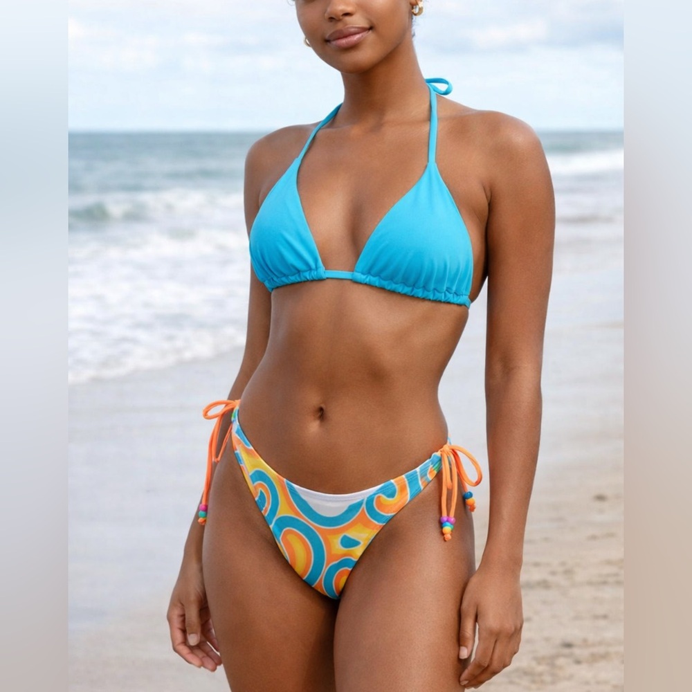 ✨ Retro Turquoise Two Piece Bikini‎ Tie Side High Cut Swimsuit L ✨